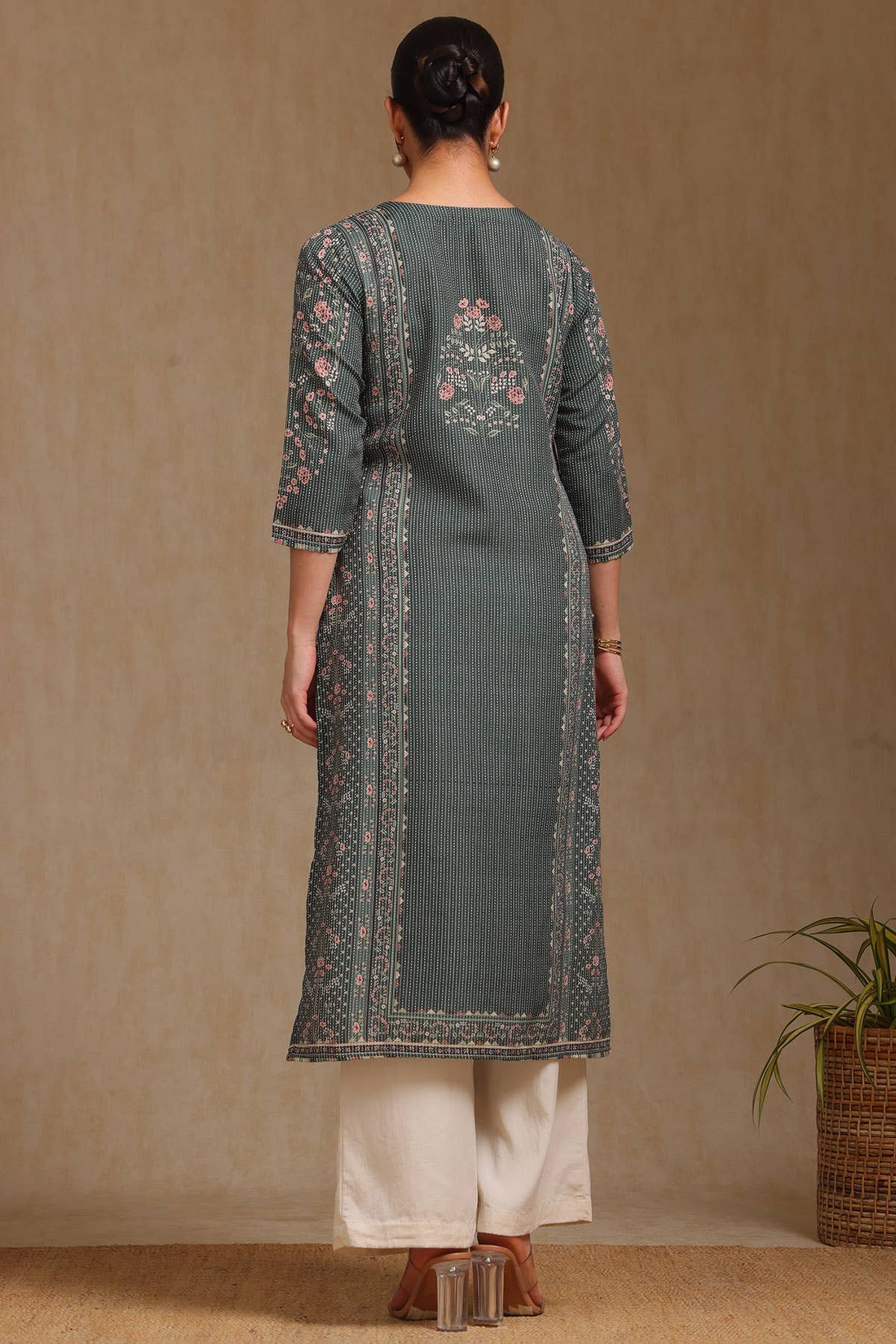 Olive Rayon Botanical Printed Kurta With Mirror Work - View 5