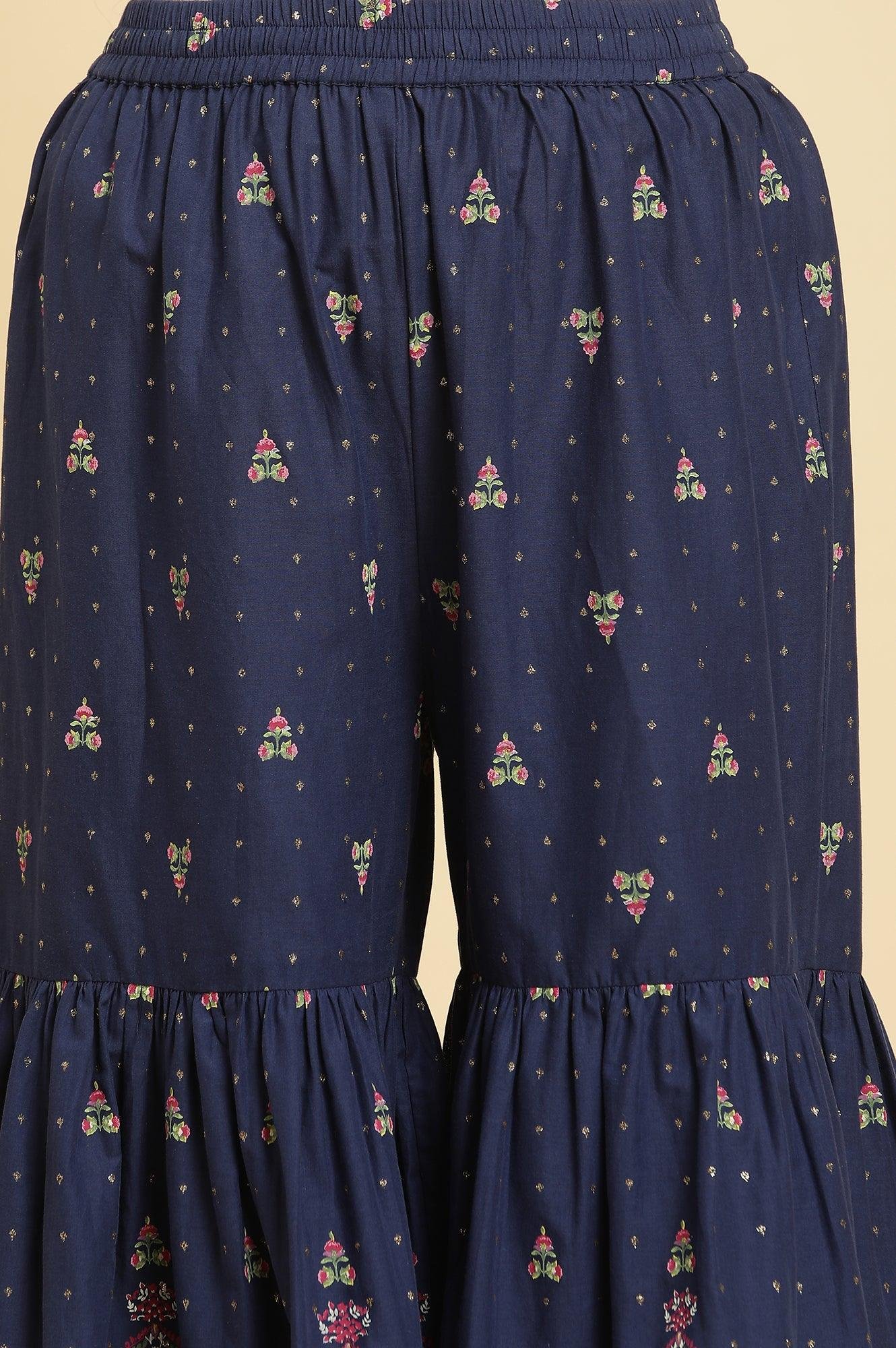 Blue Floral Printed Kurta, Sharara And Dupatta Set - View 9