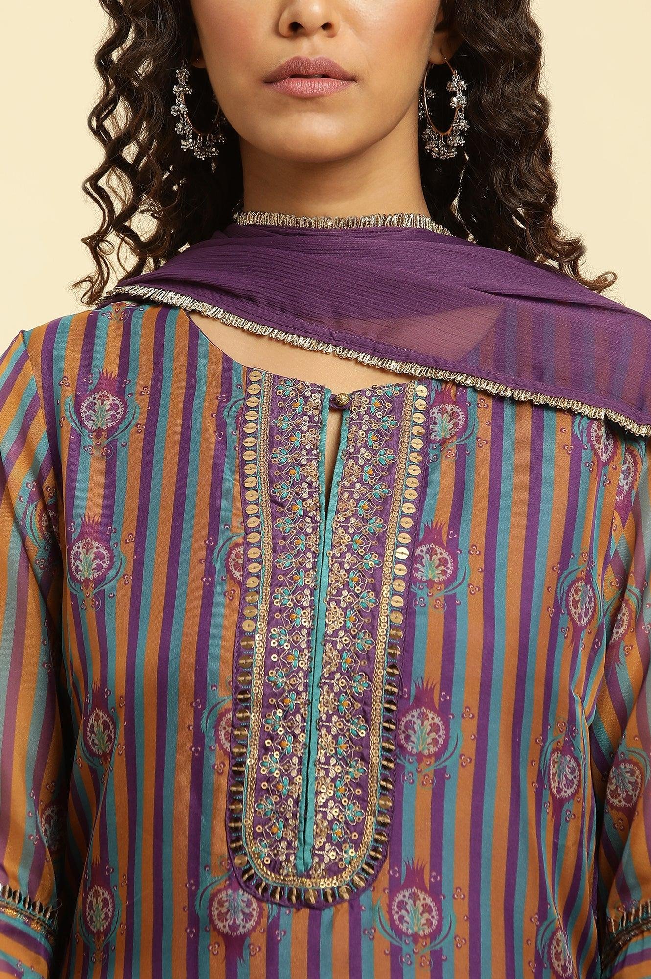 Purple Layered Suzani Printed Kurta, Tights And Dupatta Set - View 2