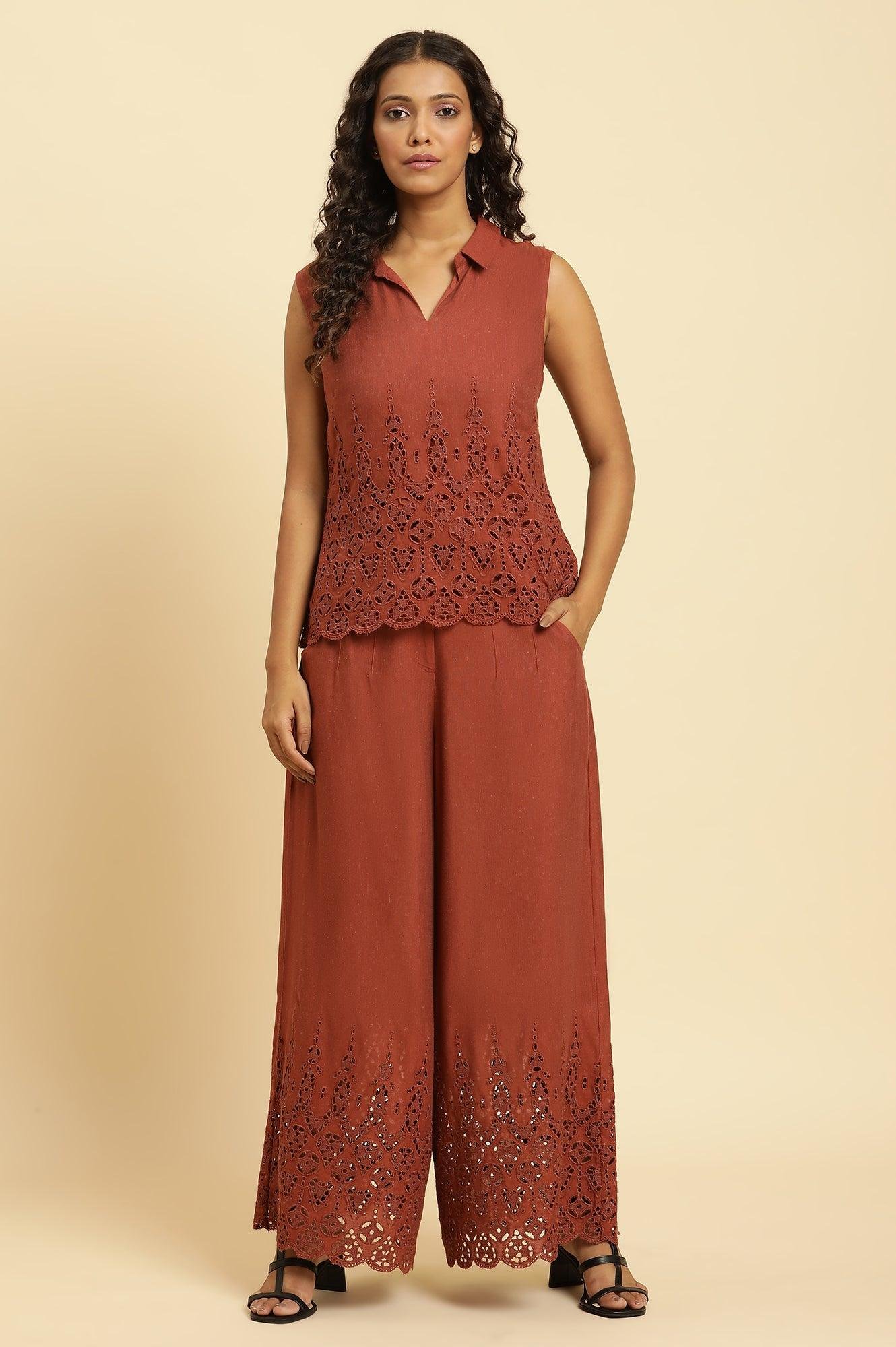Dark Red Cotton Schiffli Top And Pants Co-Ord Set - View 7