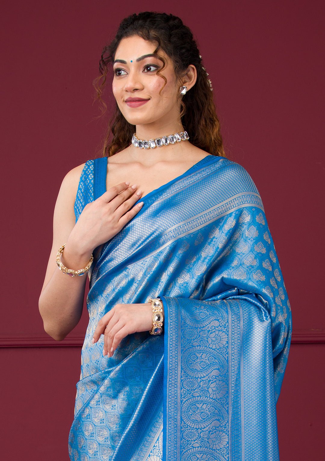 Turquoise Blue Zariwork Art Silk Saree - View 8