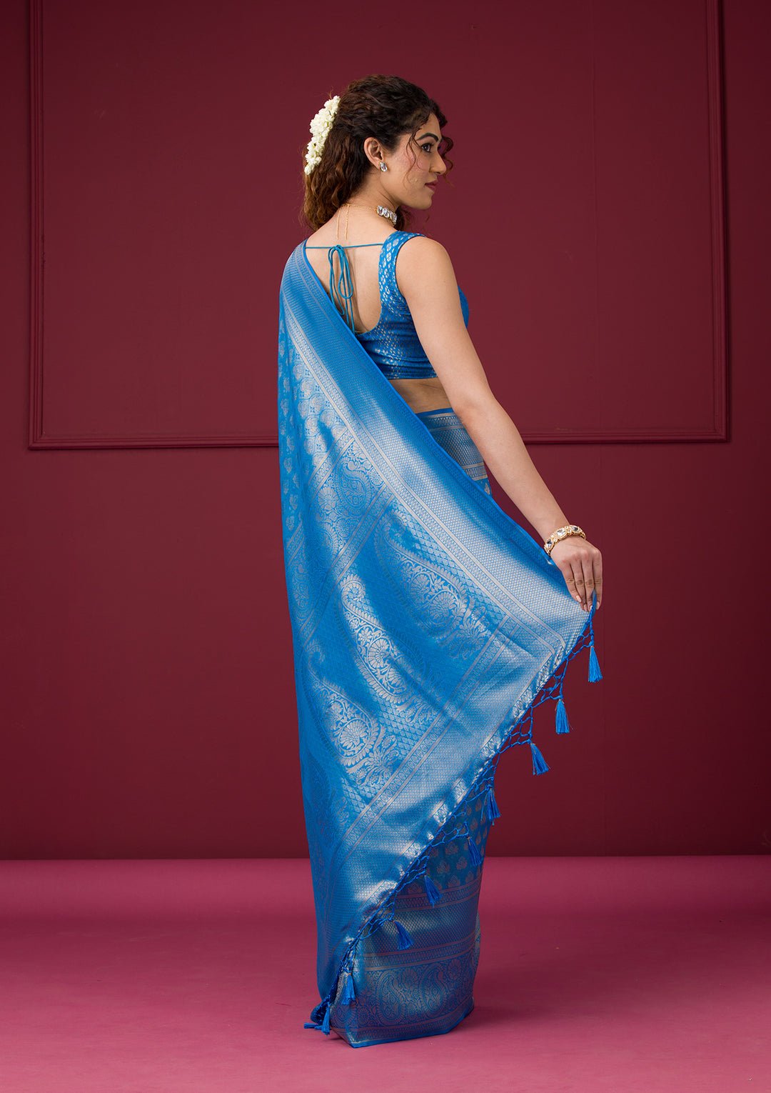 Turquoise Blue Zariwork Art Silk Saree - View 7