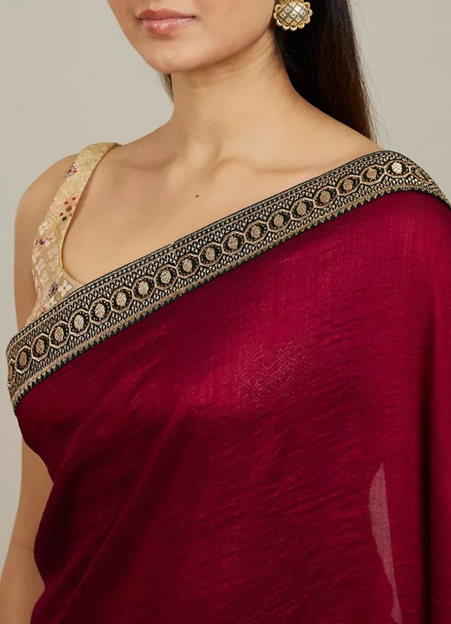 Rose Red Embroidered Border Saree - View 7