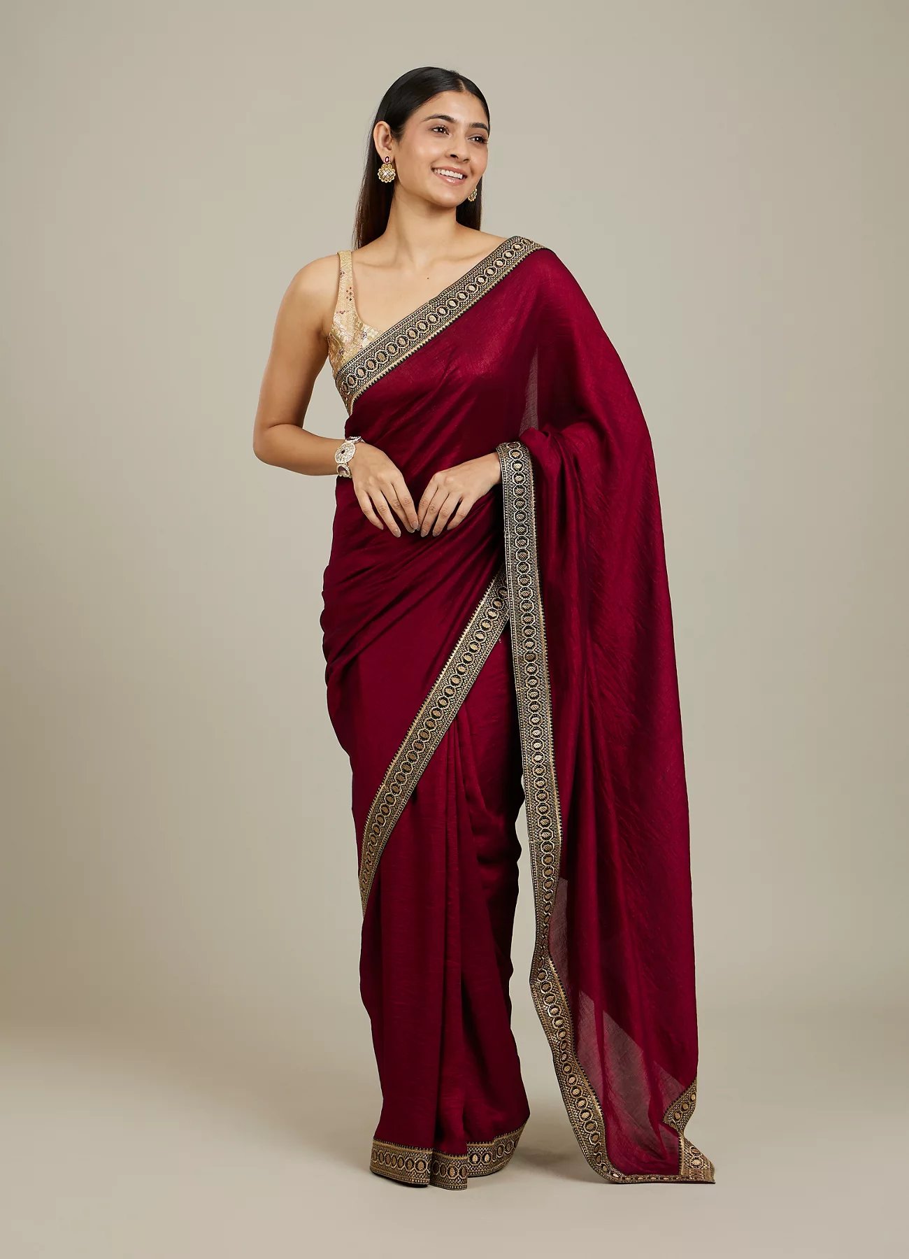 Rose Red Embroidered Border Saree - View 6