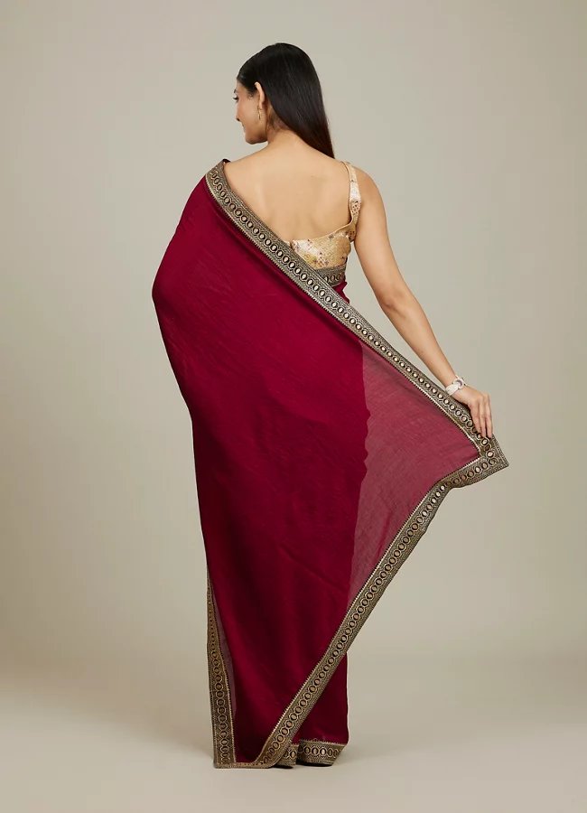 Rose Red Embroidered Border Saree - View 3