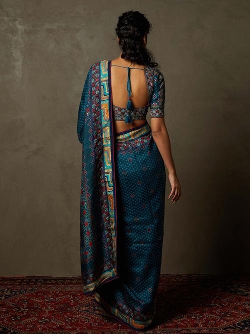 Teal &amp; Navy Chowki Saree With Unstitched Blouse - View 4