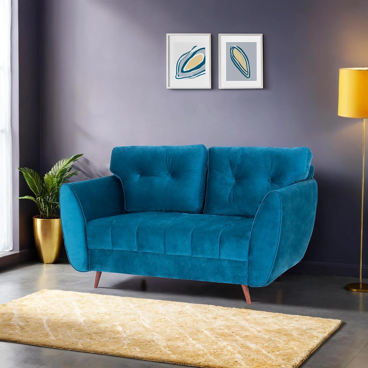 Peachtree Eden 2 Seater Sofa for Living Room| Sofa with 2 Cushions, 3 Year Warranty, Velvet Fabric Sofa with Mango Wooden Frame &amp; Sheesham Wood Legs | Padded Armstyle (Teal Blue) - View 2